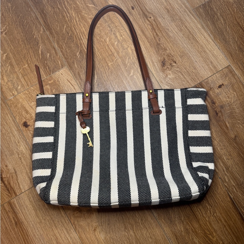 Fossil Rachel Striped Black and White canvas Tote Bag with Brown Handles